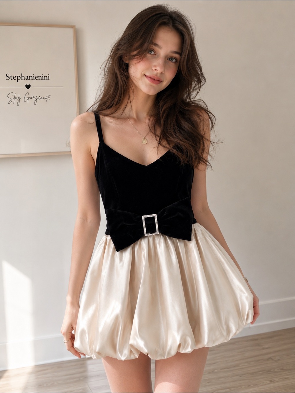 Women’s Black Velvet & Ivory Satin Bow Mini Dress with Rhinestone Buckle